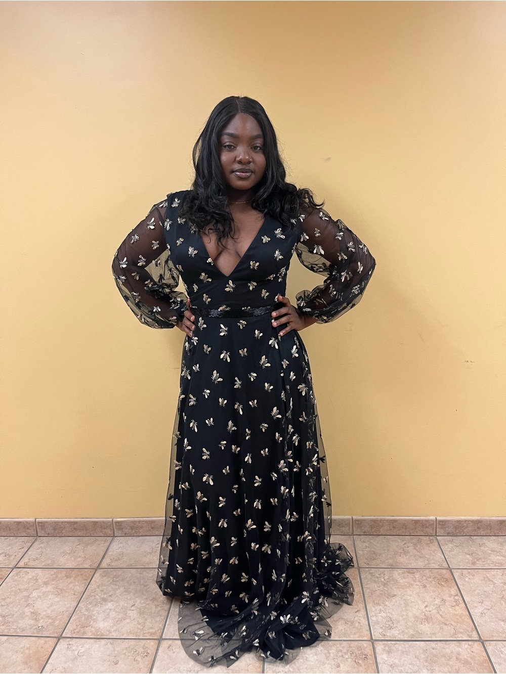 Black Floral Mesh Long Sleeve V-Neck Maxi Dress